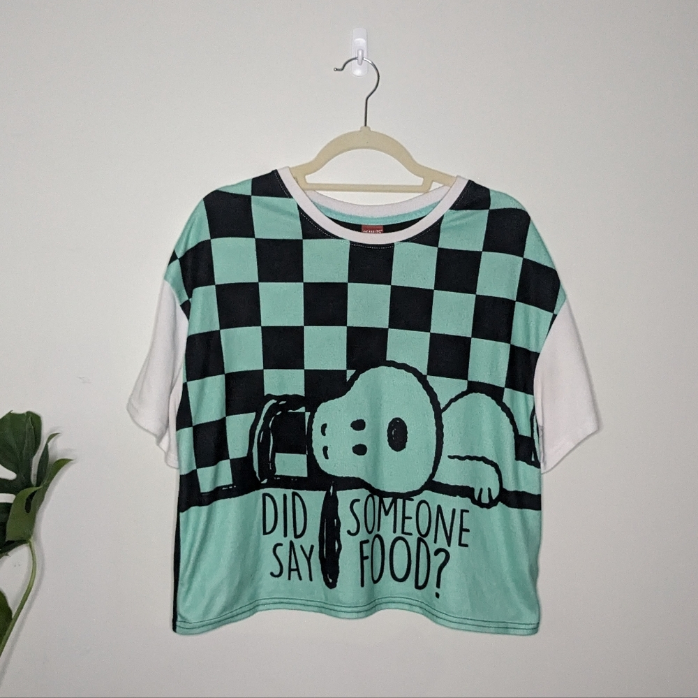 Peanuts Snoopy Graphic T-shirt Short Sleeve size large L Teal Checkerboard Black